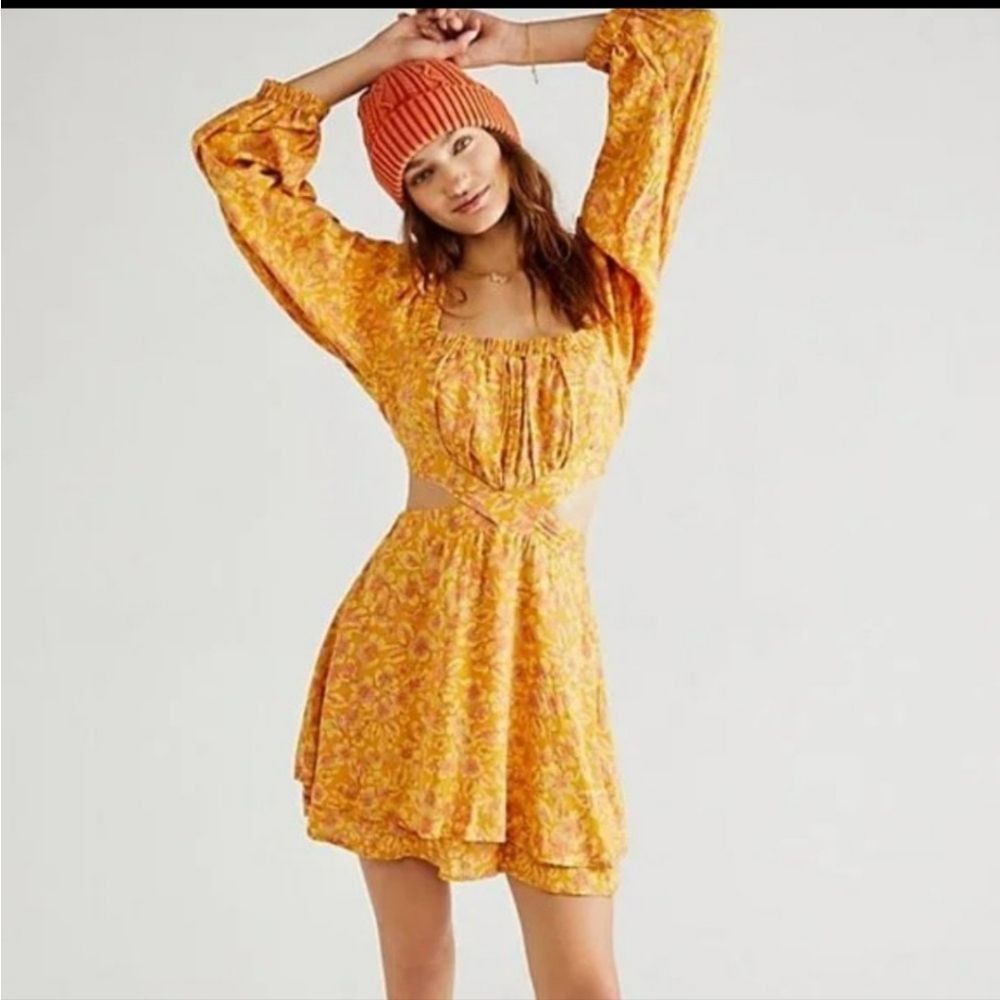 Free People Yellow Orange Floral Mini Dress